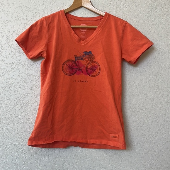 Life is Good Tee Shirt V Neck Bike Go Places Orange size Small - Picture 2 of 6